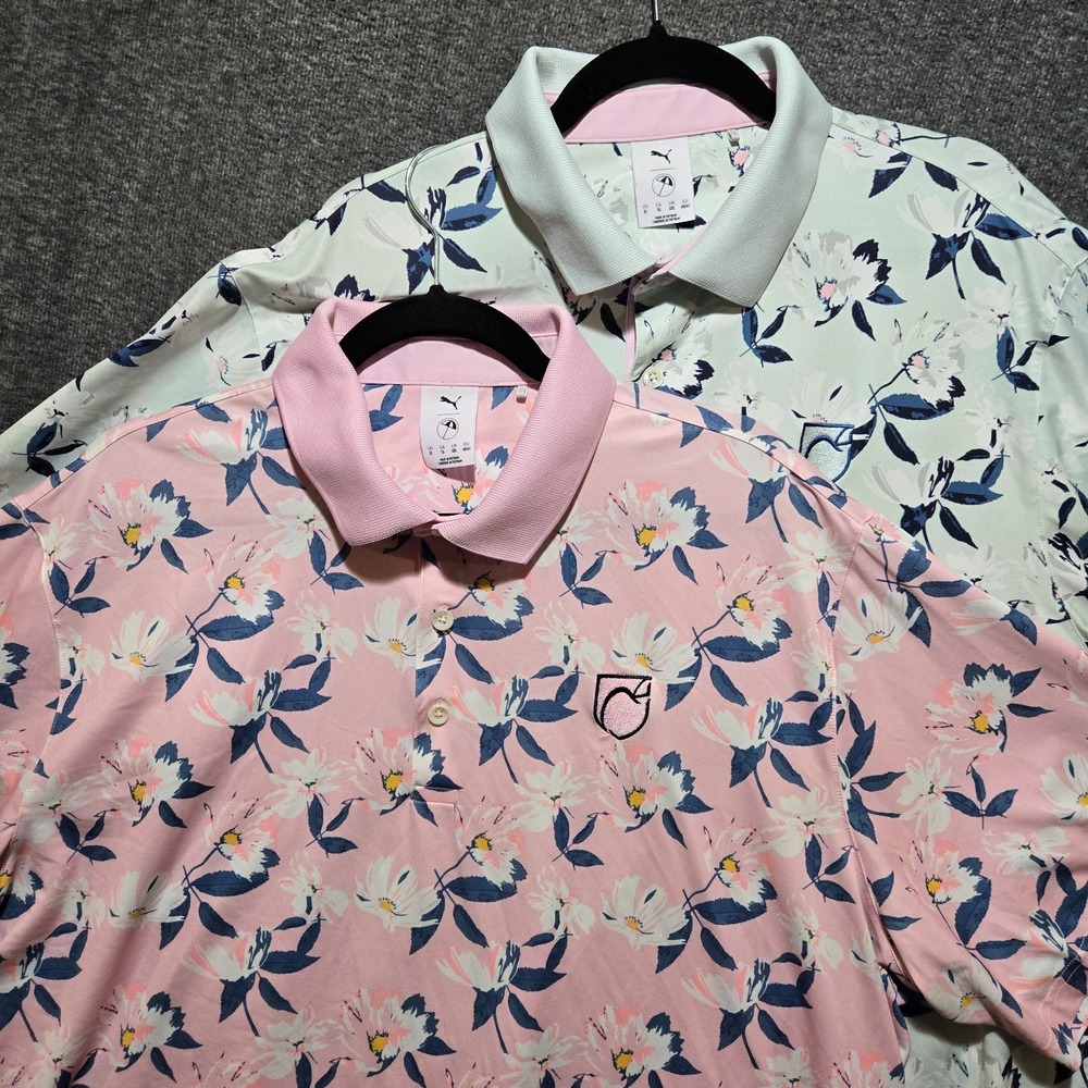 Puma Mens Floral Golf Polo Shirt Pink / Green Short Sleeve Size XL Performance